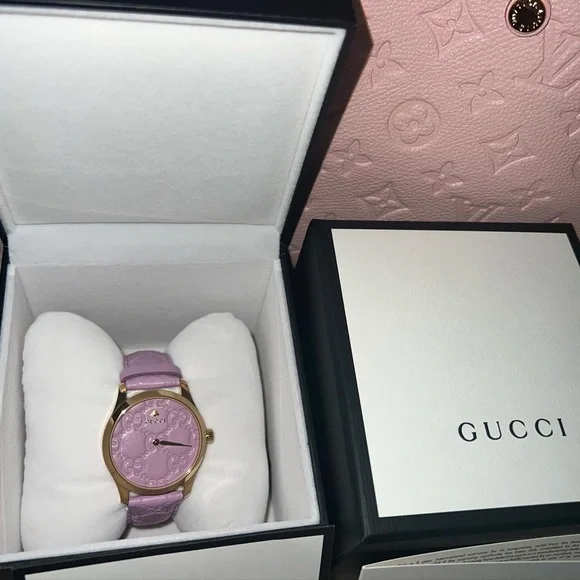 Gucci watch lilac pink purple magenta leather gg monogram gold logo strap - Picture 3 of 7